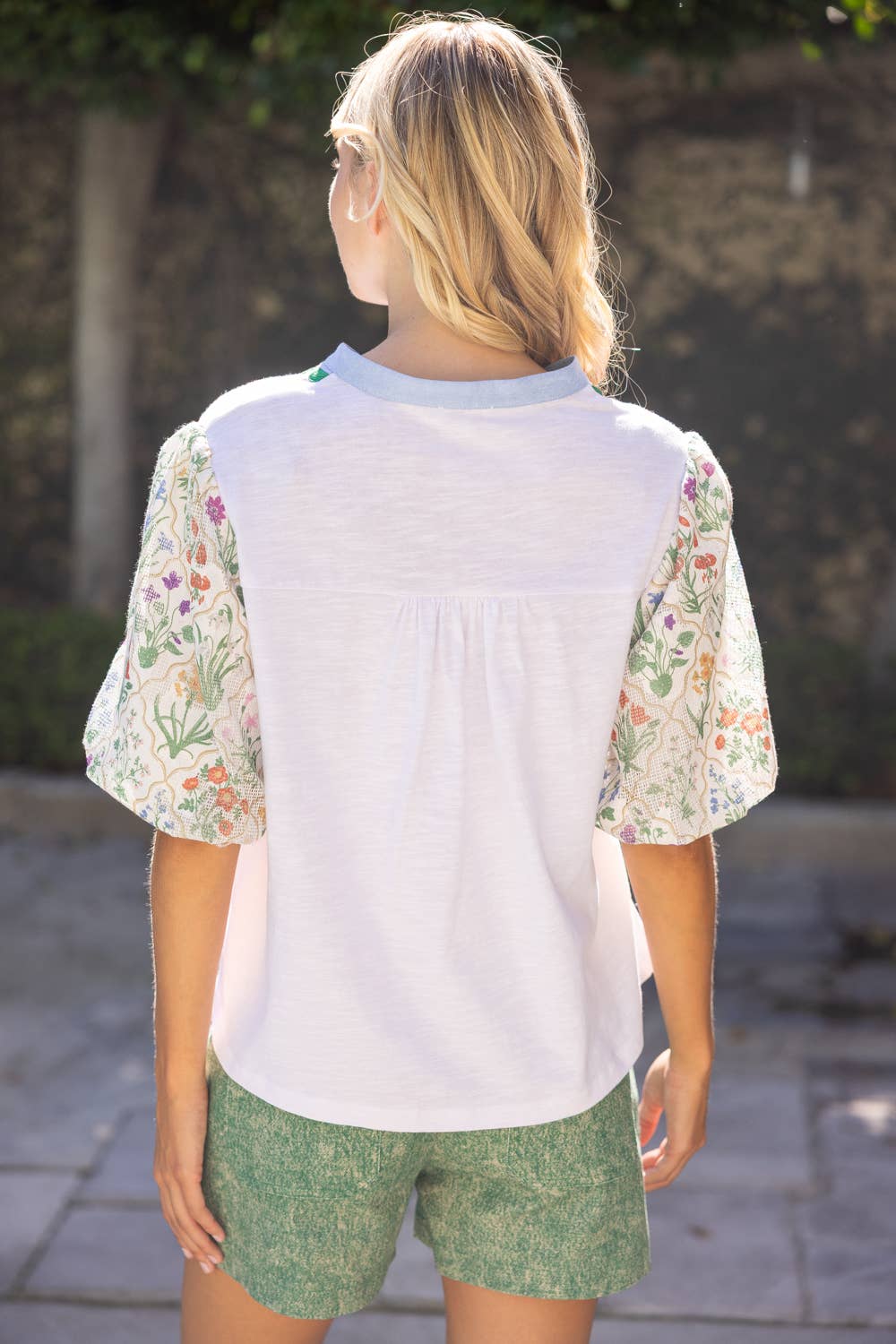 White Floral Bubble Sleeve Mixed-Media Knit Top