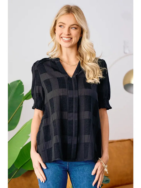 Doe & Rae Black Pull Sleeve Woven Top