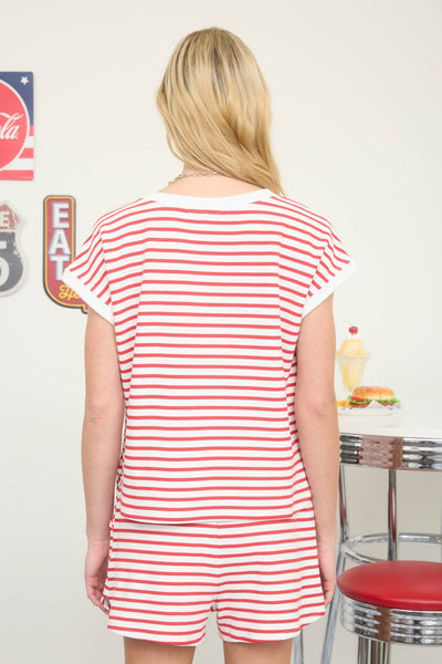 Red White Stripe Short Sleeve Knit Top