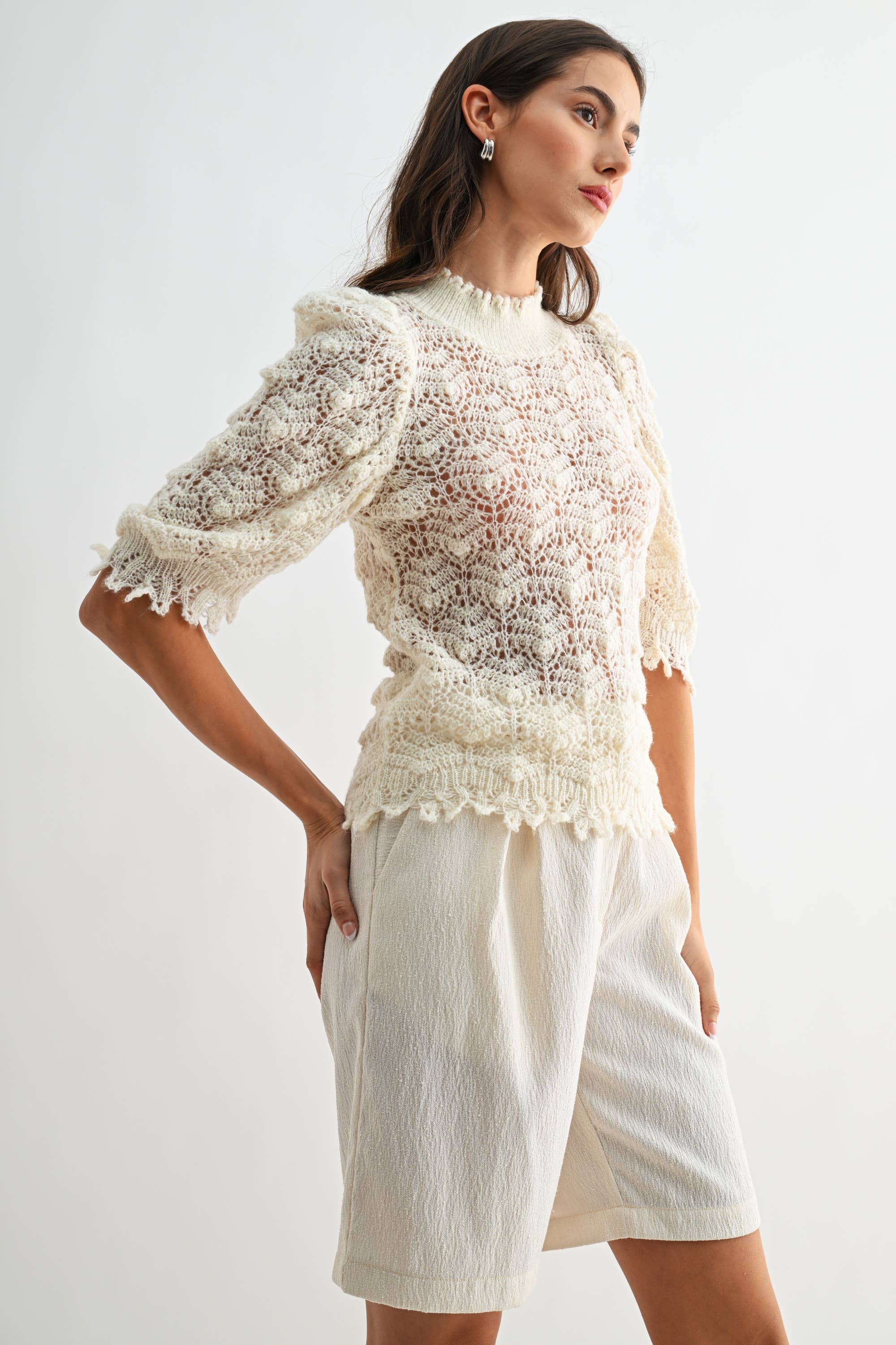 Crochet Knit Puff Sleeve Top