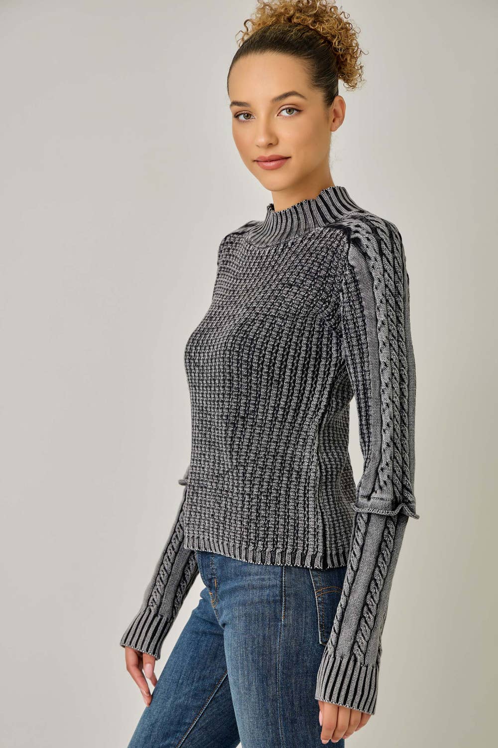 Washed Cable Knit Mock Neck Sweater