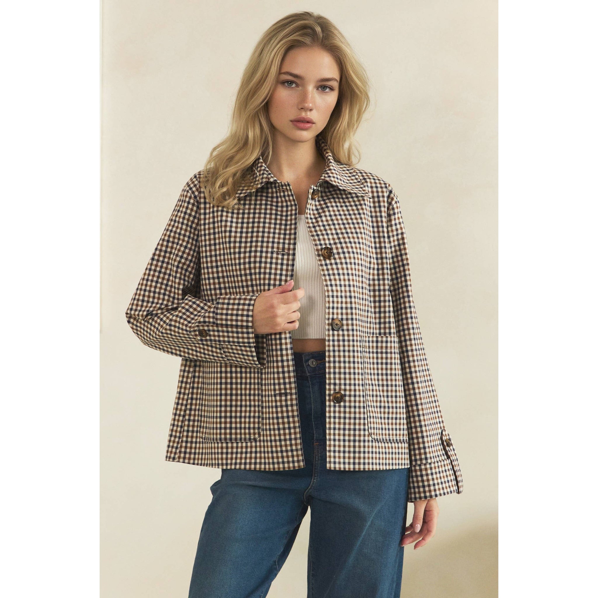 Navy Check Button-Front Jacket