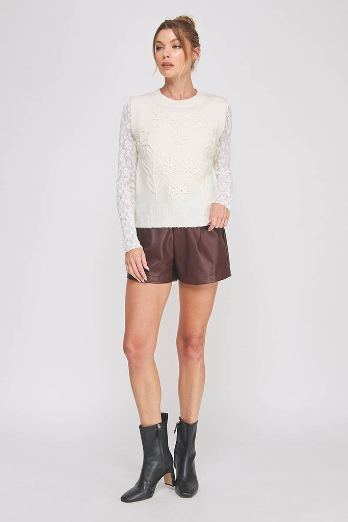 Cream Floral Embroidery Sweater Vest