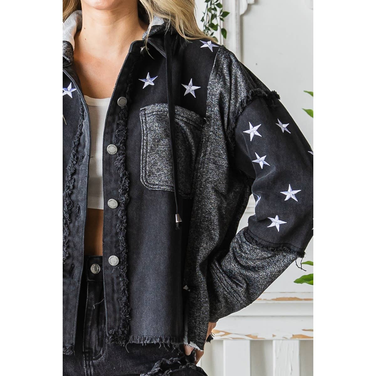 Star Embroidered Hoodie Denim Jacket
