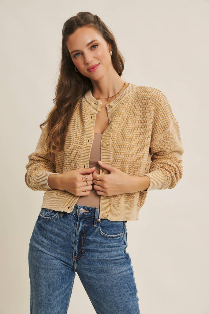 Tan MIneral Washed Cardigan Sweater