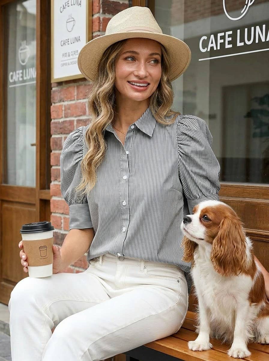 Red & White Stripe Puff Sleeve Blouse | Collared Button-Front Top