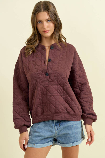 Brown Quilted Button Front Sweatshirt