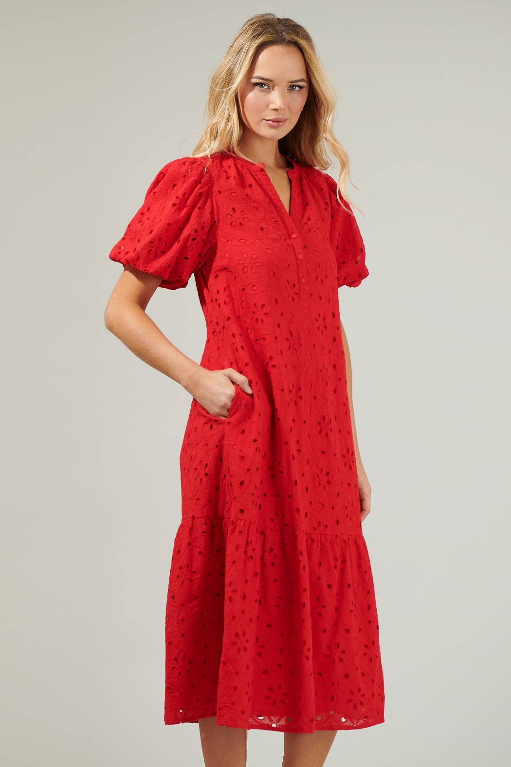 Red Eyelet Midi Dress