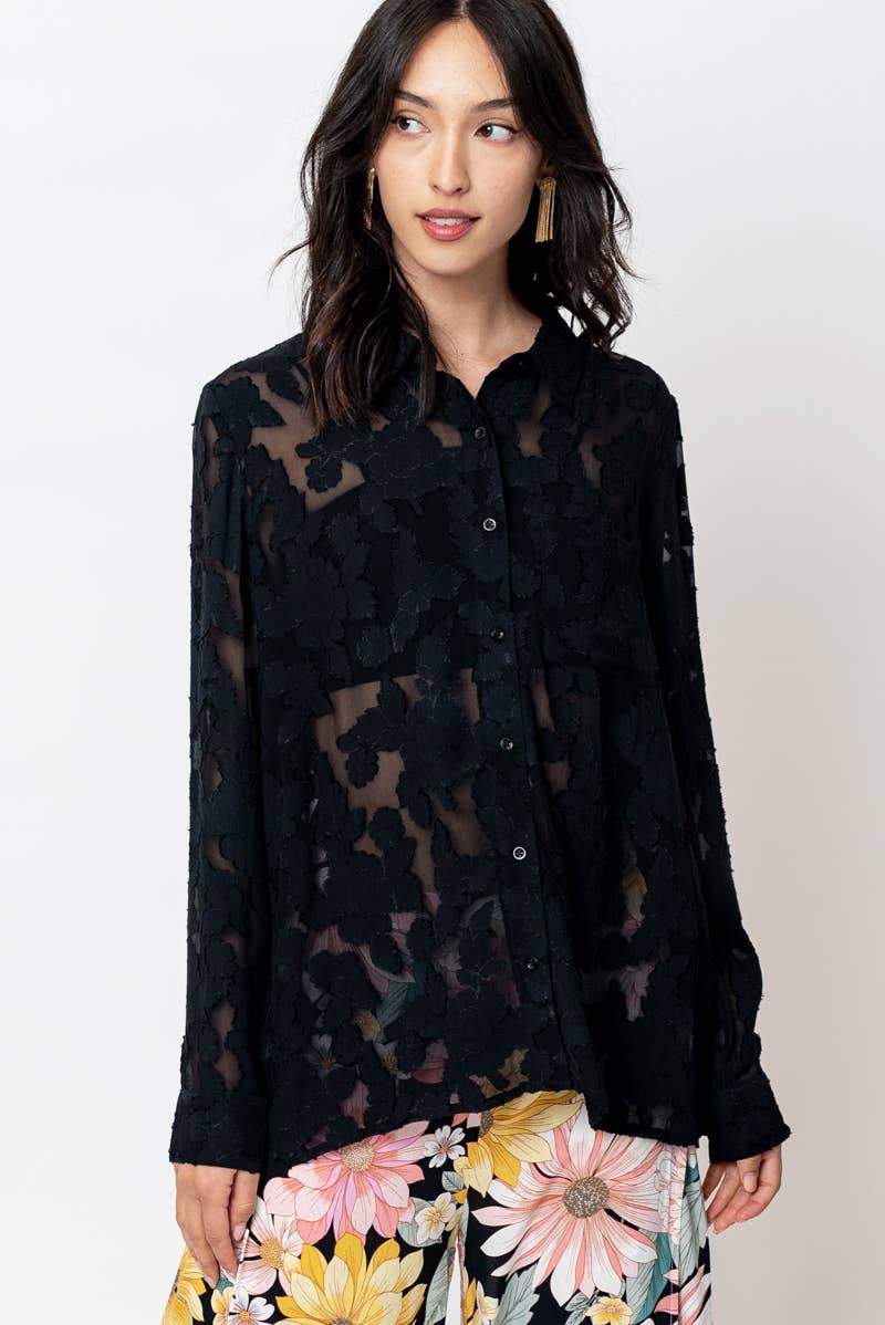 Long Sleeve Burnout Button Down Blouse