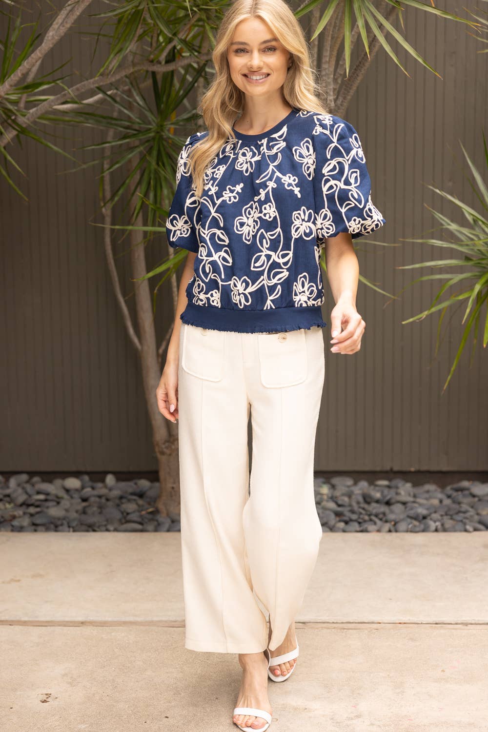 Floral Embroidered Bubble Sleeve Top