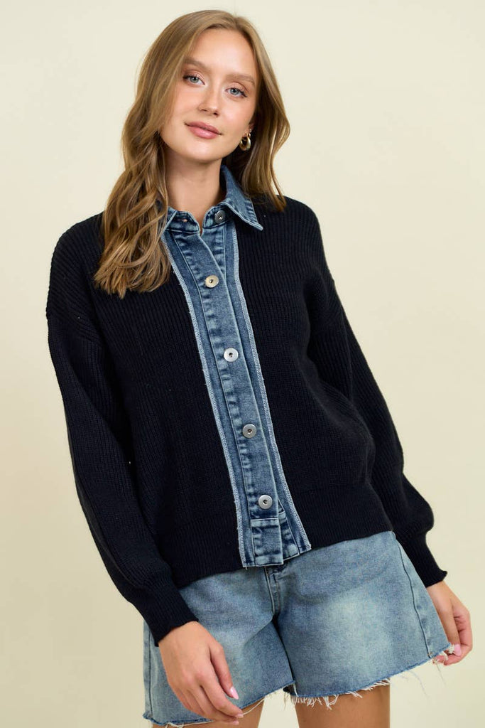 Black Rib Cardigan Sweater with Denim Contrast