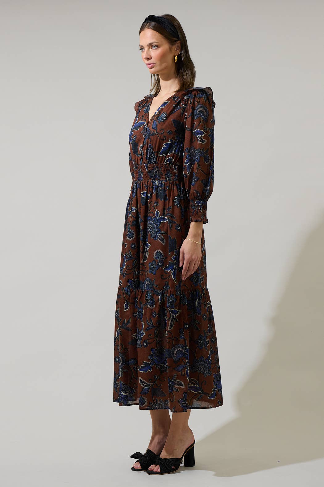 Brown and Blue Floral Long Sleeve Midi Dress