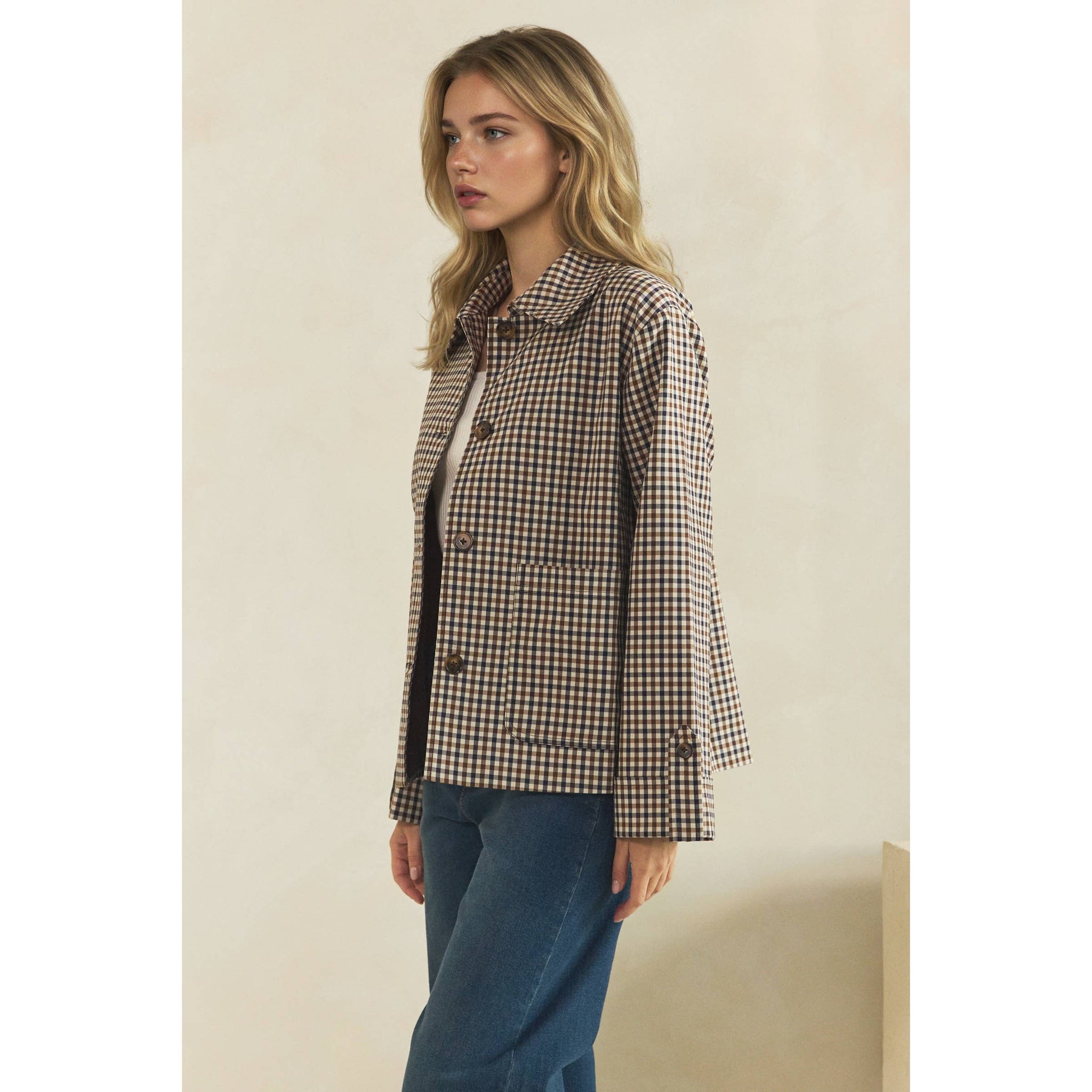 Navy Check Button-Front Jacket
