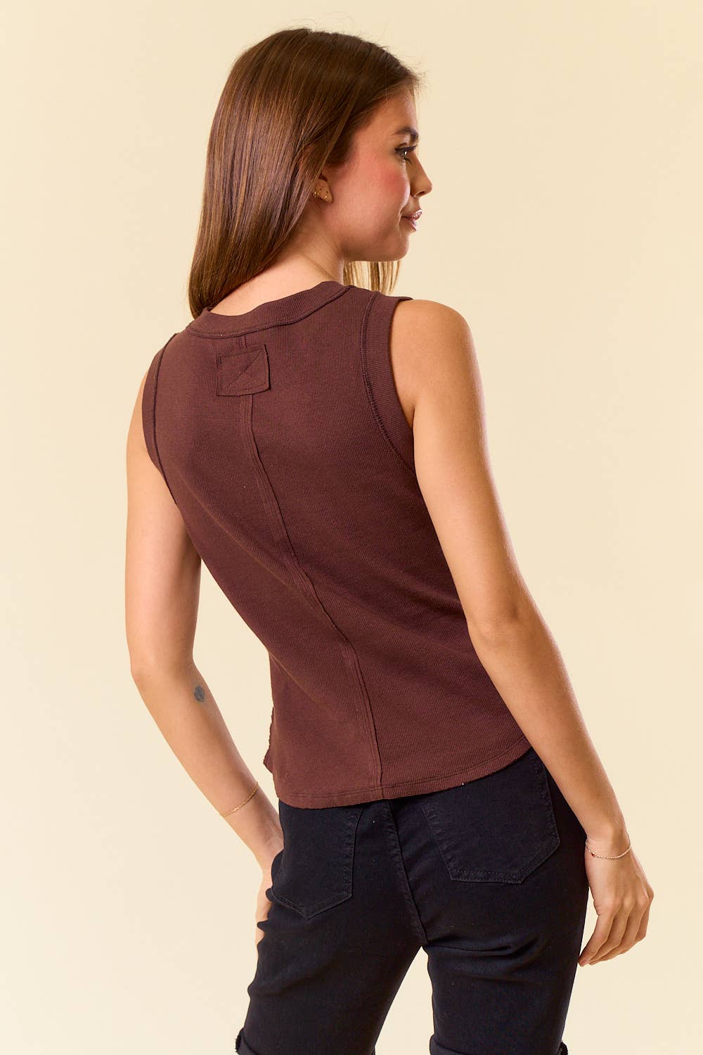 Cotton Ribbed Exposed Seam Tank with Round Hem