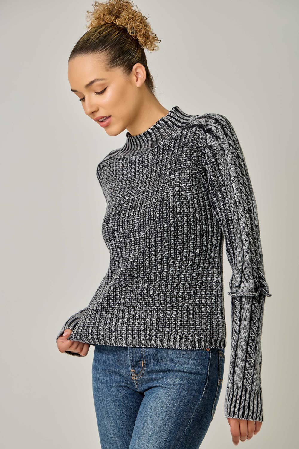 Washed Cable Knit Mock Neck Sweater