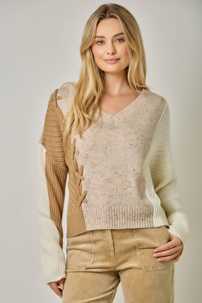 Oatmeal Color Block V-Neck Sweater