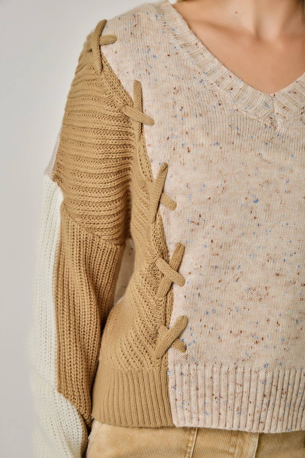 Oatmeal Color Block V-Neck Sweater