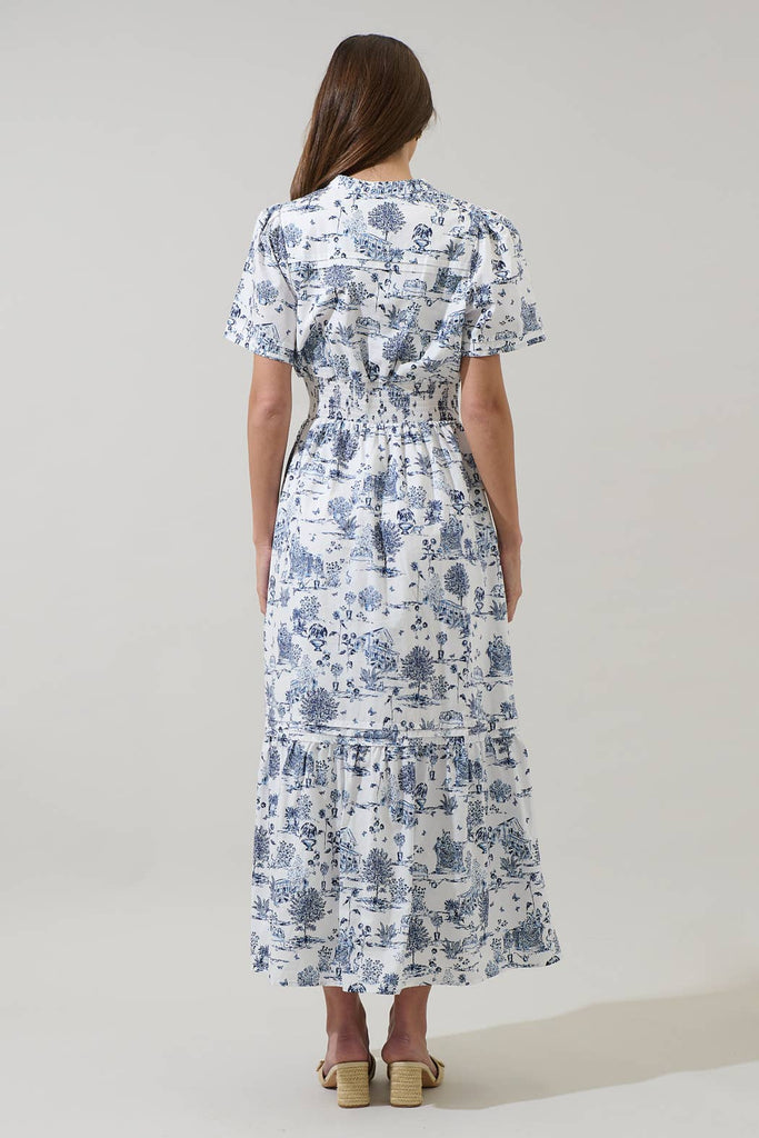 Navy Blue White Toile Poplin Maxi Dress