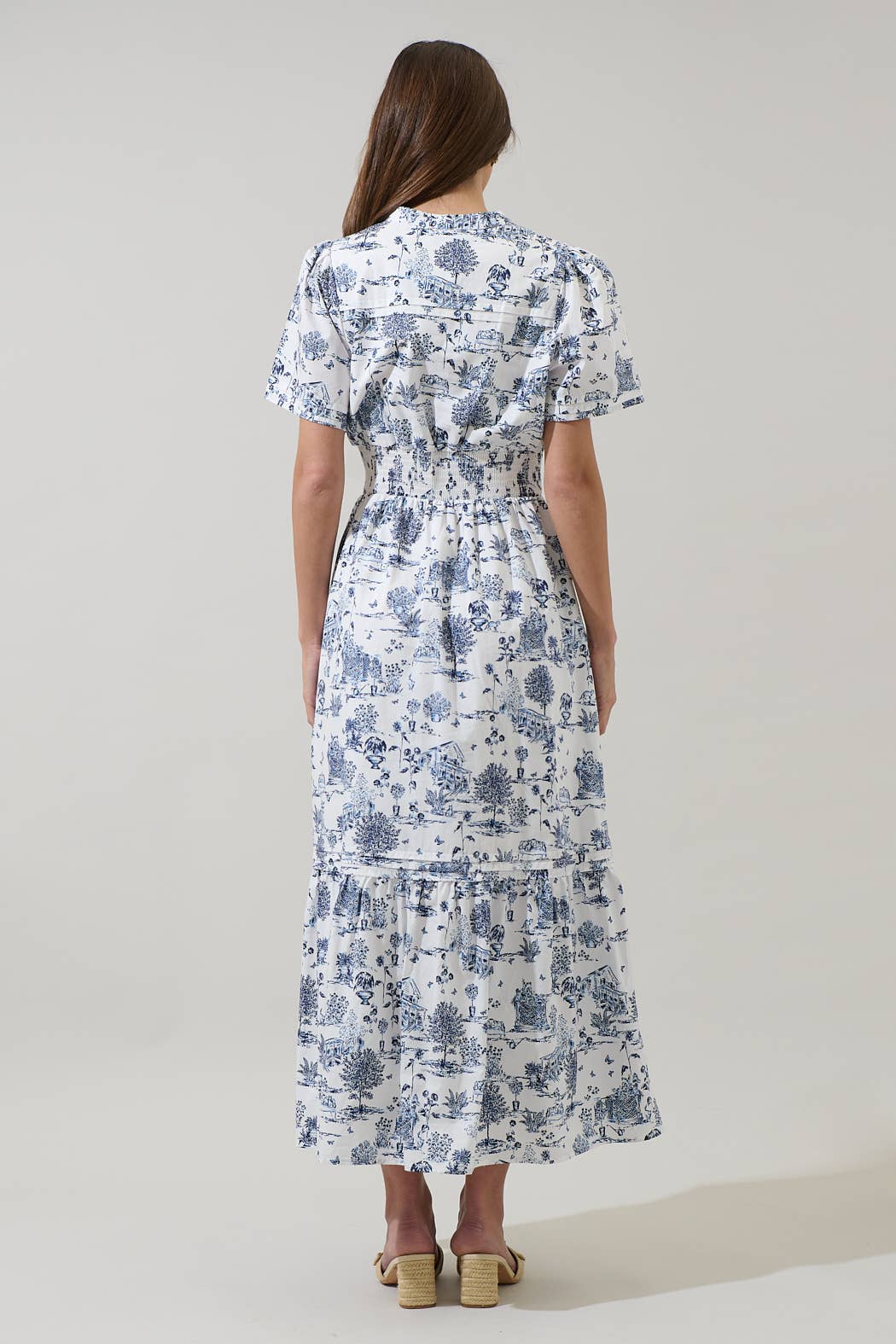 Navy Blue White Toile Poplin Maxi Dress