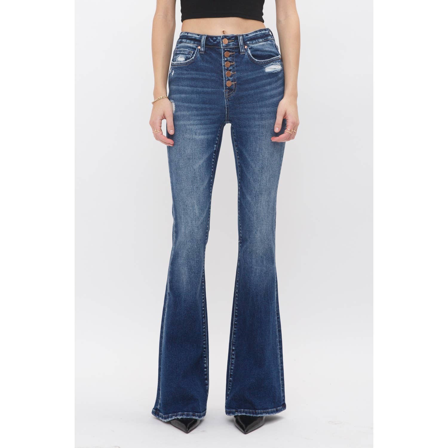 Dark Wash HIgh Rise Button Up Flare Jeans