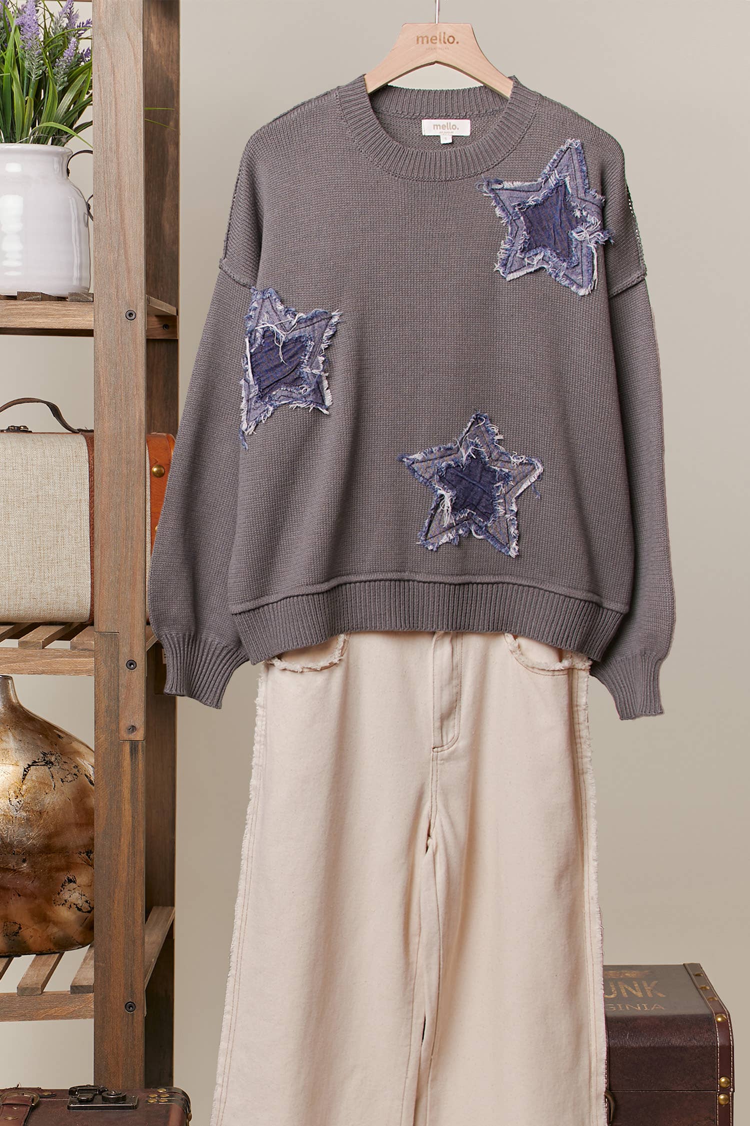 Grey Distressed Star Patch Knit Sweater