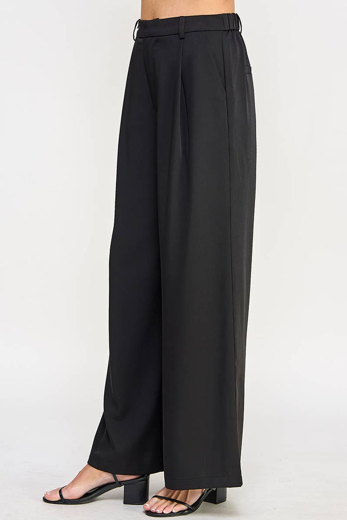 Black Pleat Front Wide Leg Twill Trouser Pant