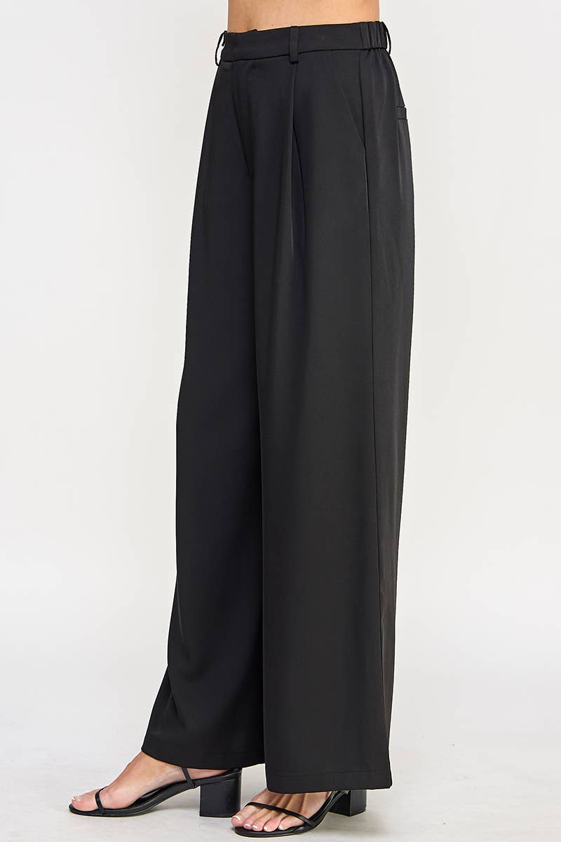 Black Pleat Front Wide Leg Twill Trouser Pant