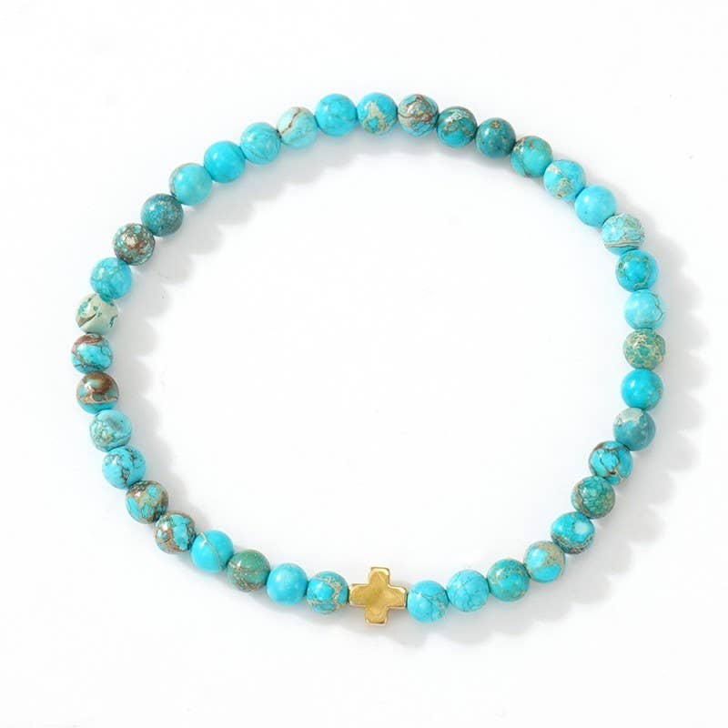 Natural Stone Cross Beaded Stretch Bracelet