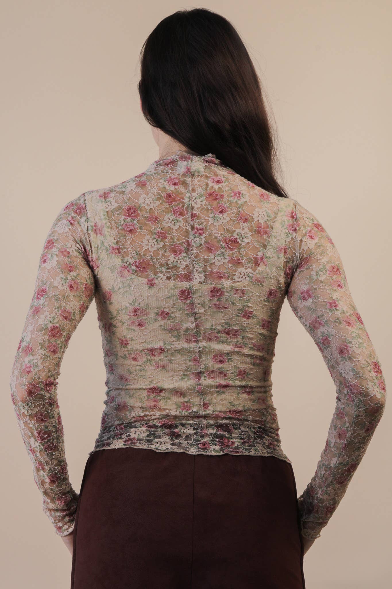 High Neck Fitted Sheer Mesh Lace Knit Top