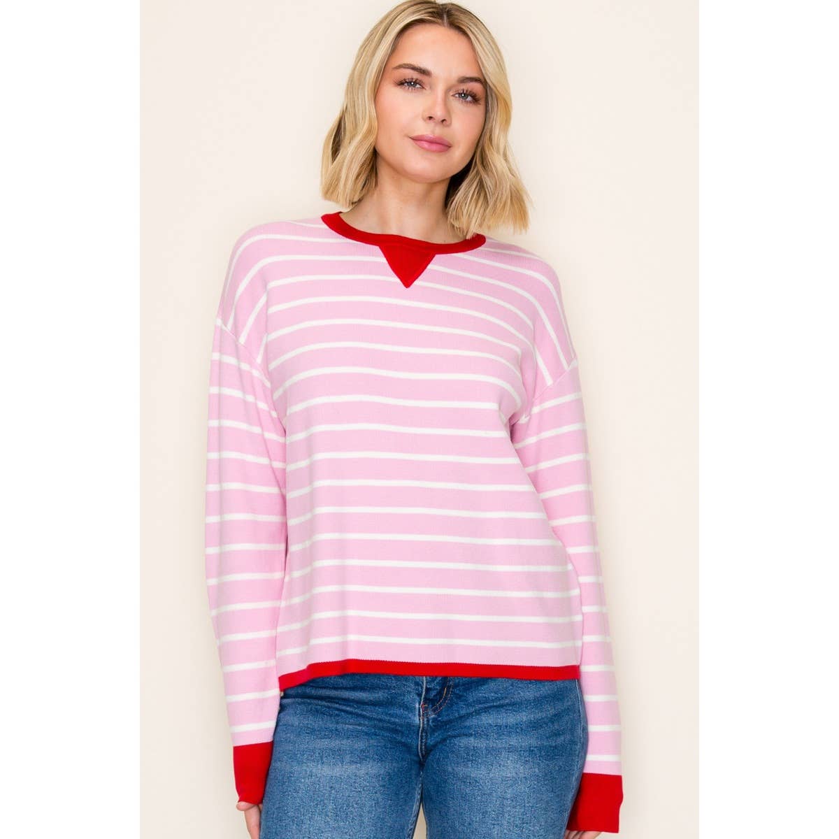 Pink White Color Contrast Striped Sweater