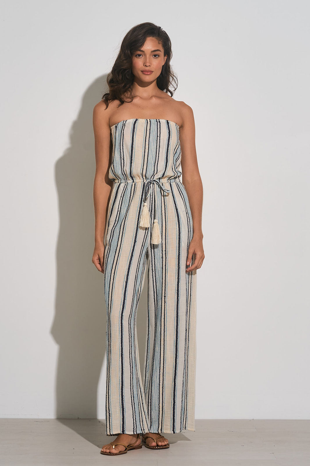 Elan Natural Blue Stripe Strapless Jumpsuit
