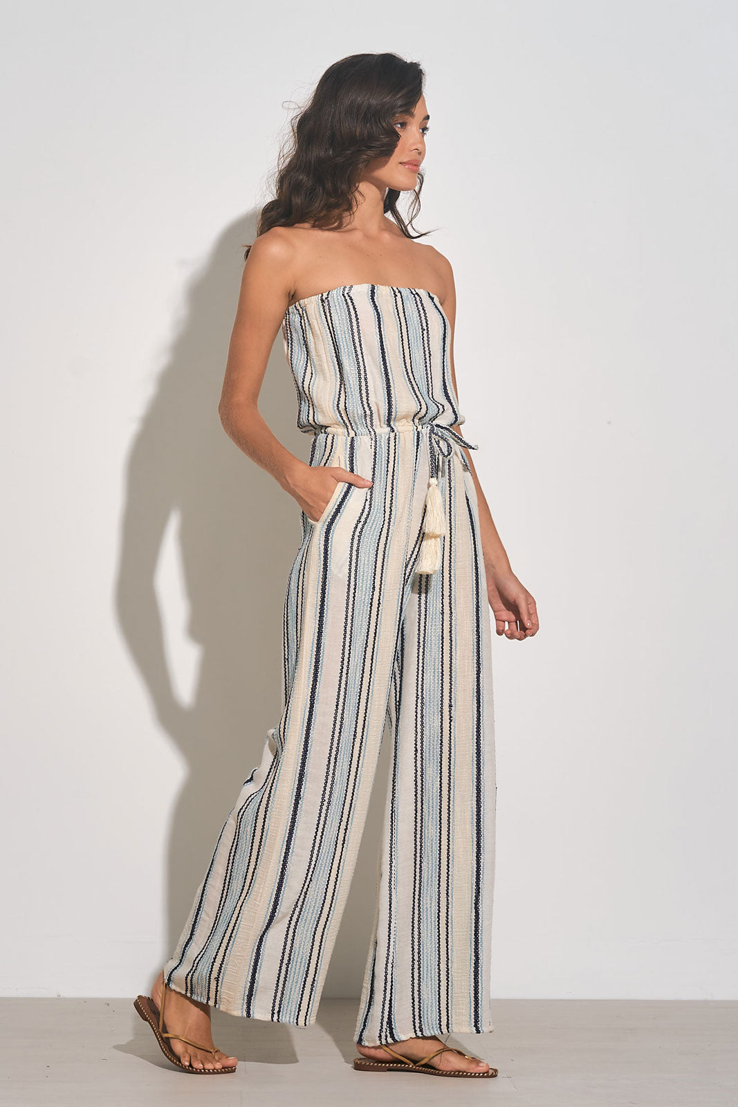 Elan Natural Blue Stripe Strapless Jumpsuit