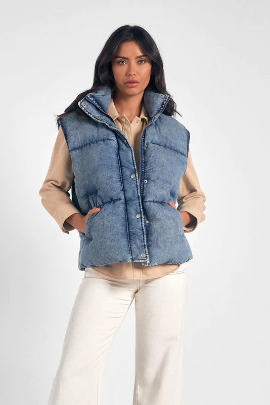 Elan Denim Puffy Zip Up Vest