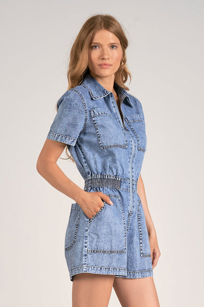 Elan Denim Short Sleeve Zip Front Romper