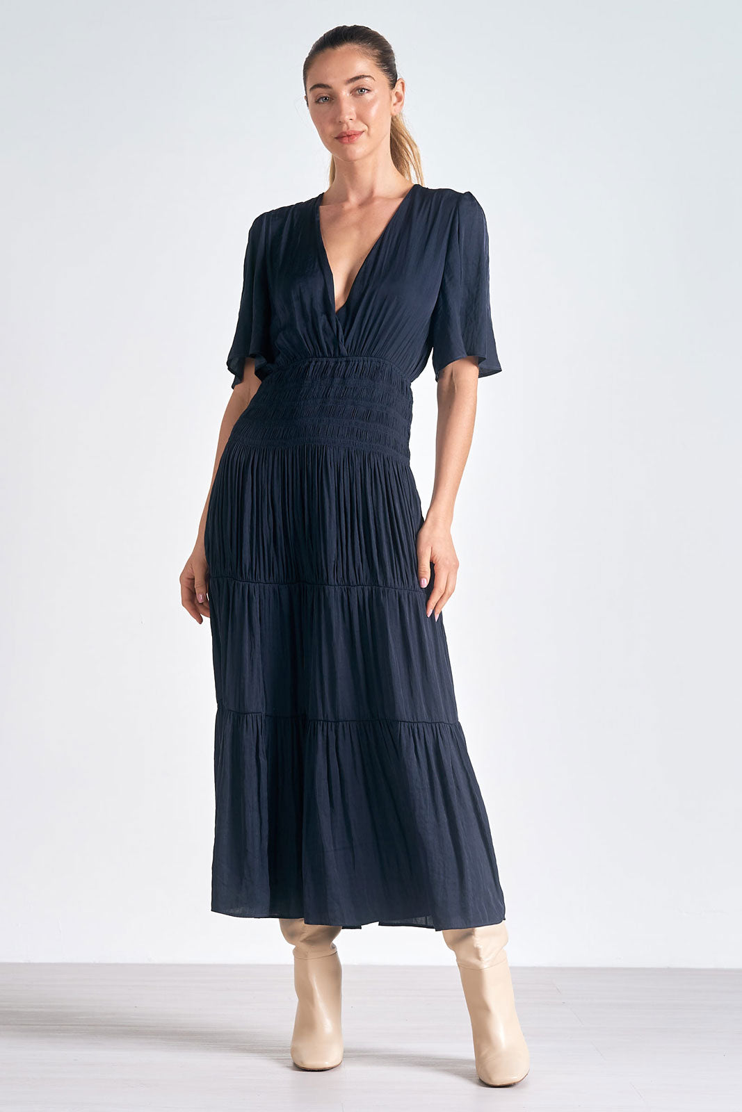 short sleeve smocked maxi dress SHORT SLEEVES SMOCKED WAIST MAXI DRESS Navy / 14