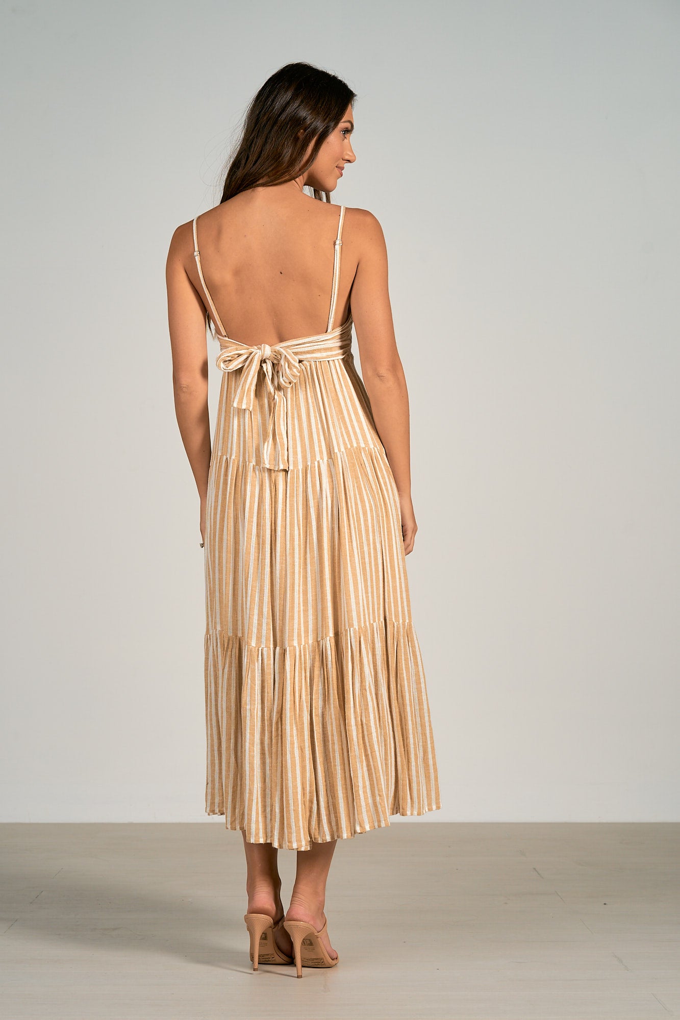 Elan Khaki White Stripe Spaghetti Strap Maxi Dress Elan Khaki White Stripe Spaghetti Strap Maxi Dress
