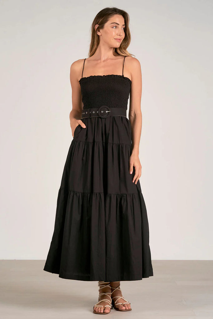 Black Spaghetti Strap Belted Midi Dress