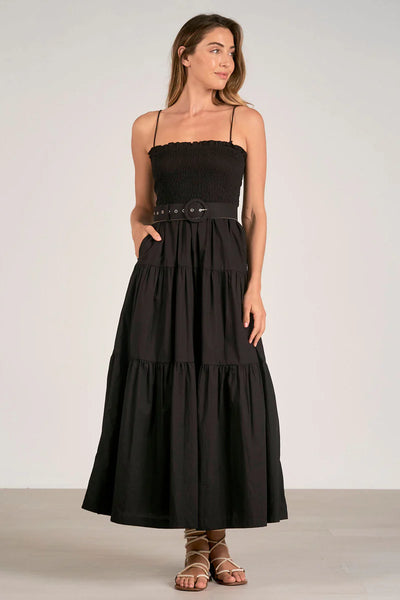 Black Spaghetti Strap Belted Midi Dress
