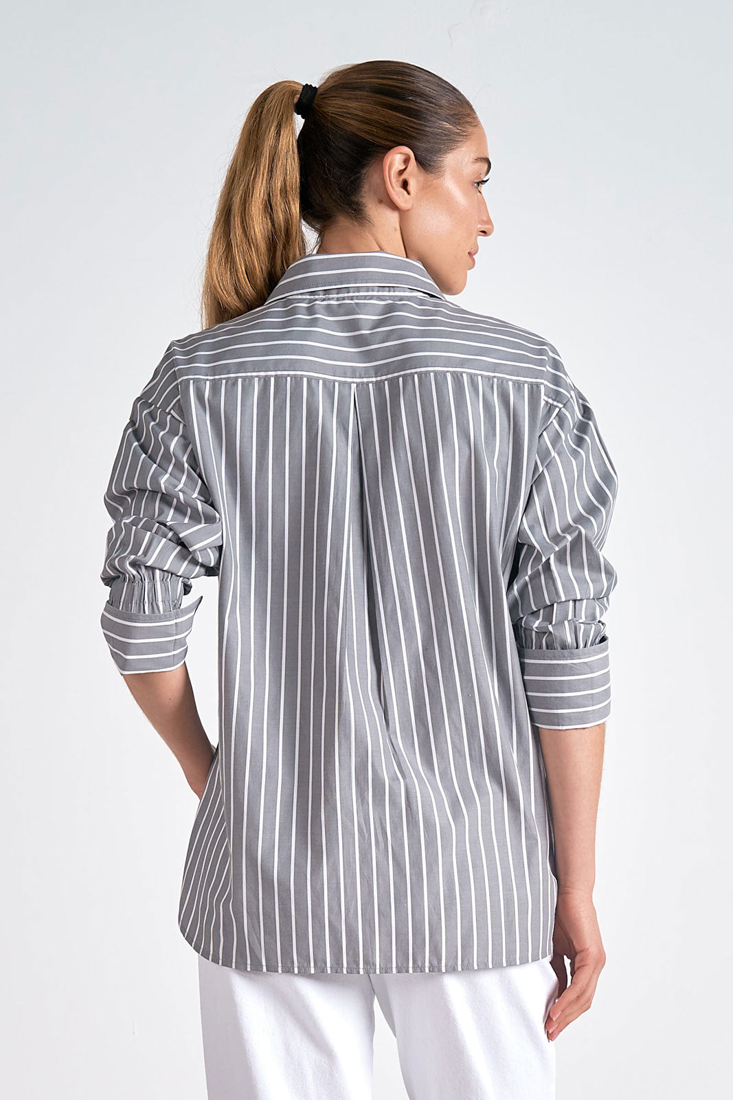 Grey White Stripe Long Sleeve Button Down Top