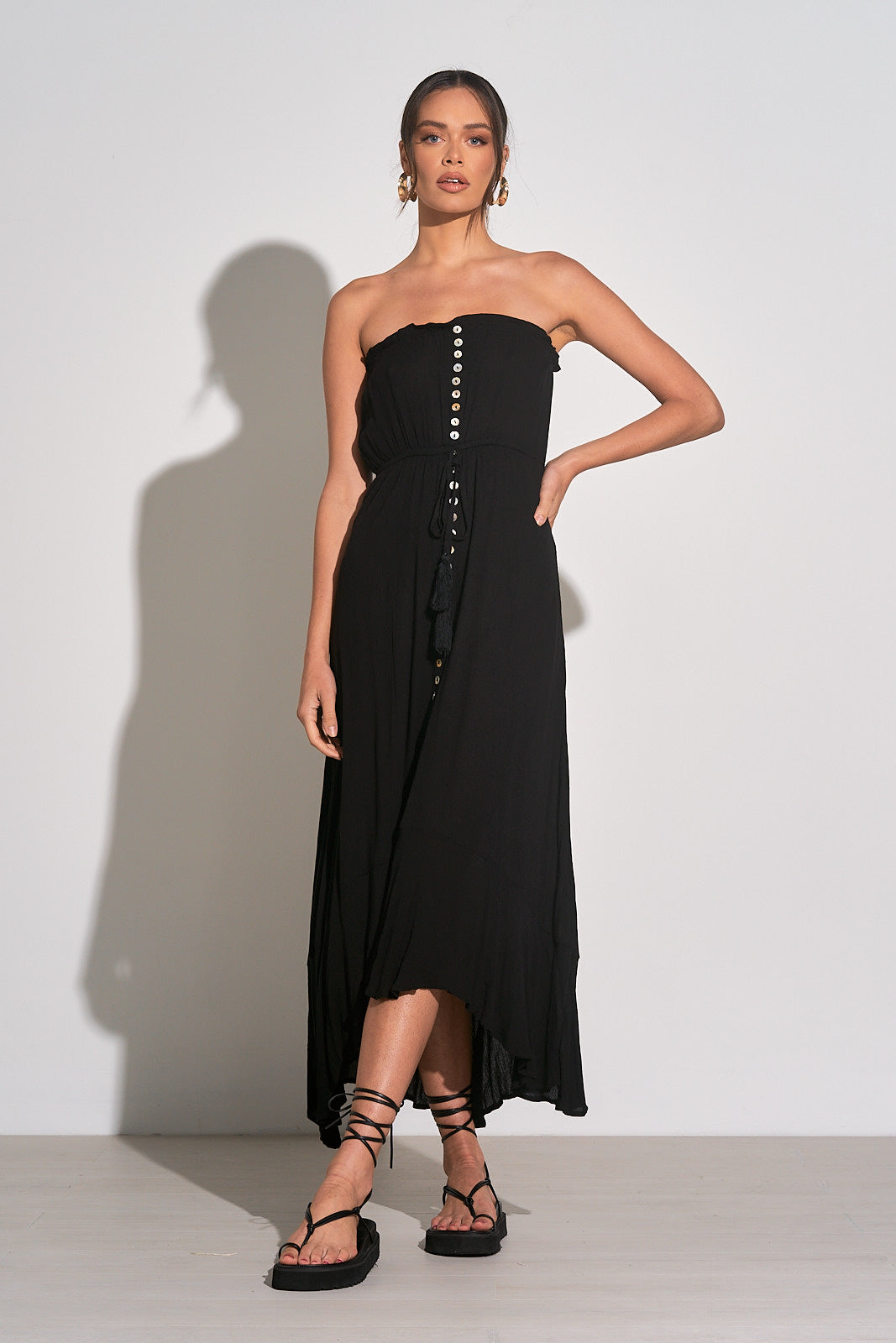 Elan Black Strapless Front Slit Maxi Dress