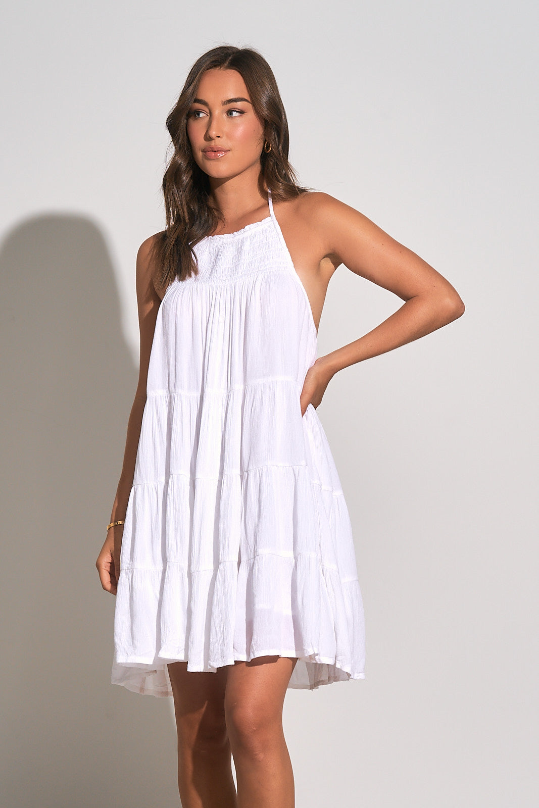 Elan White Smocked Halter Mini Dress