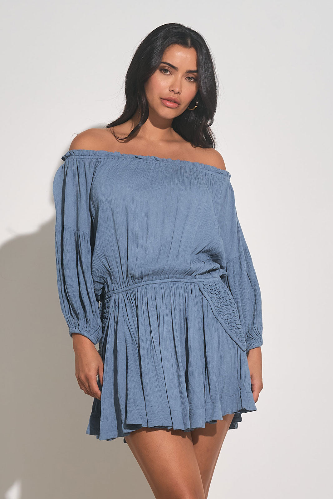 Elan Smokey Blue Off the Shoulder Mini Dress at Maria Vincent Boutique Elan Smokey Blue Off the Shoulder Mini Dress at Maria Vincent Boutique