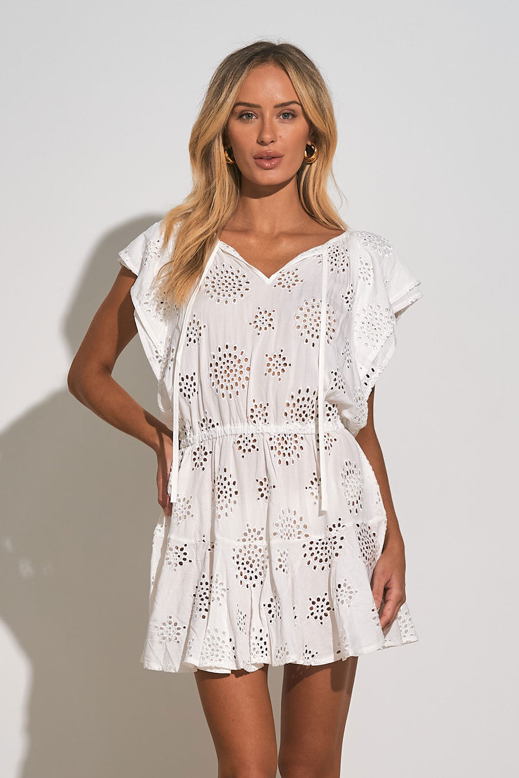 Elan White Eyelet Short Sleeve Mini Dress