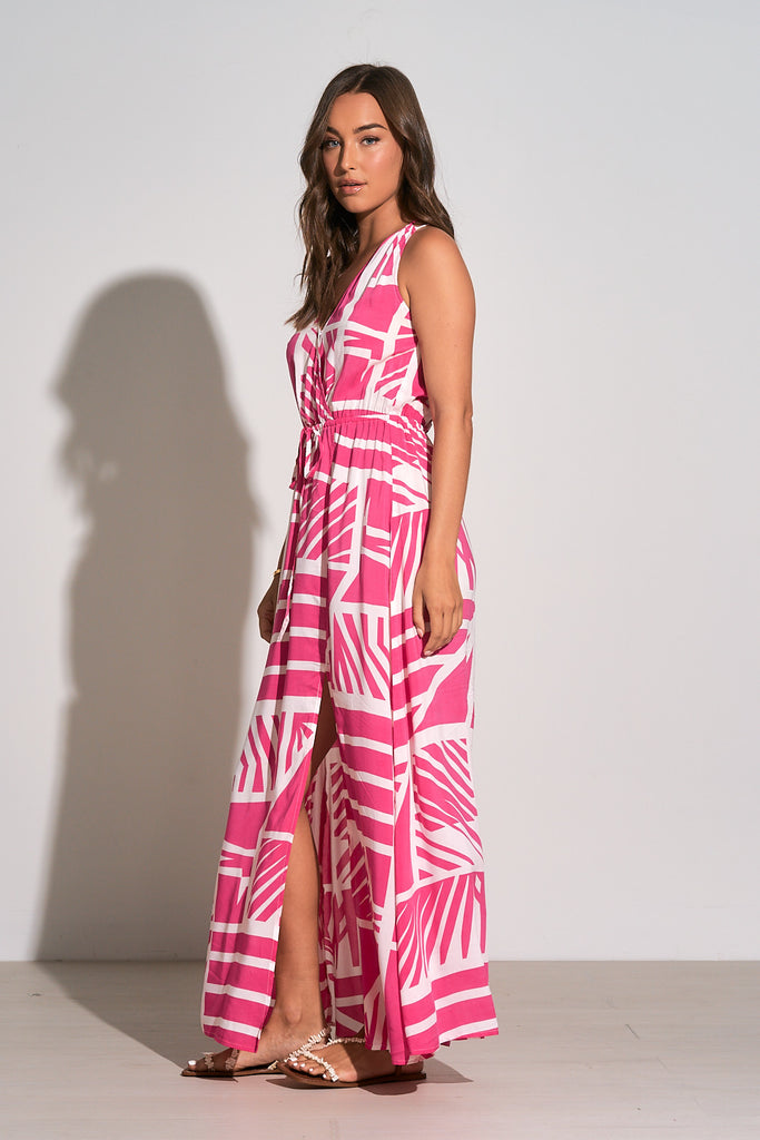 Elan Pink White Barbado Print Maxi Dress