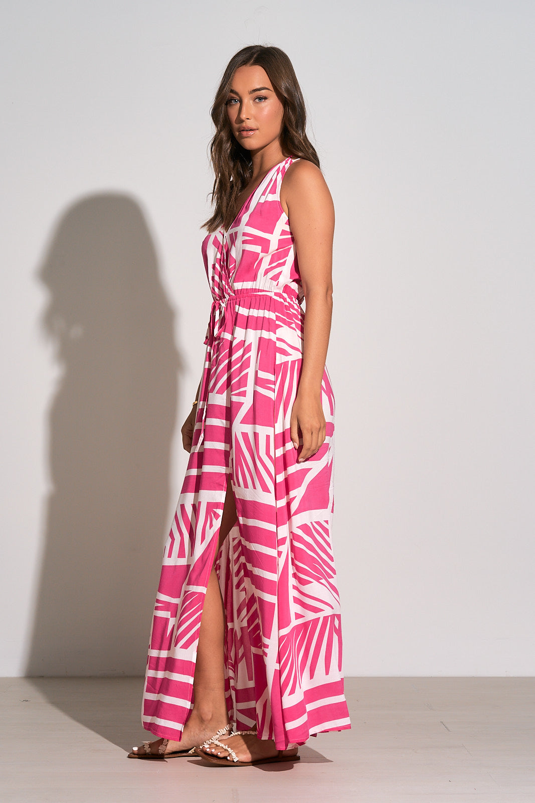 Elan Pink White Barbado Print Maxi Dress