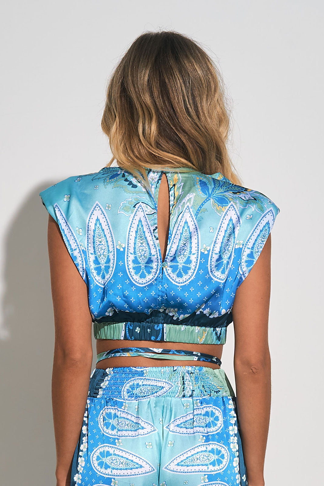 Elan Blue Bali Print Sleeveless Crop Top