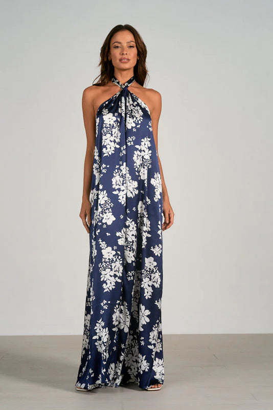 Elan Navy White Floral Leigh Halter Maxi