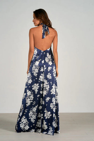 Elan Navy White Floral Leigh Halter Maxi