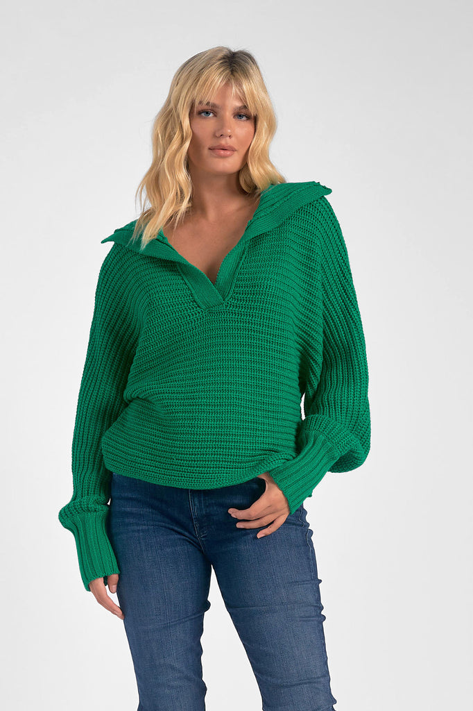 Elan Kelly Green Open V-neck Collar Sweater