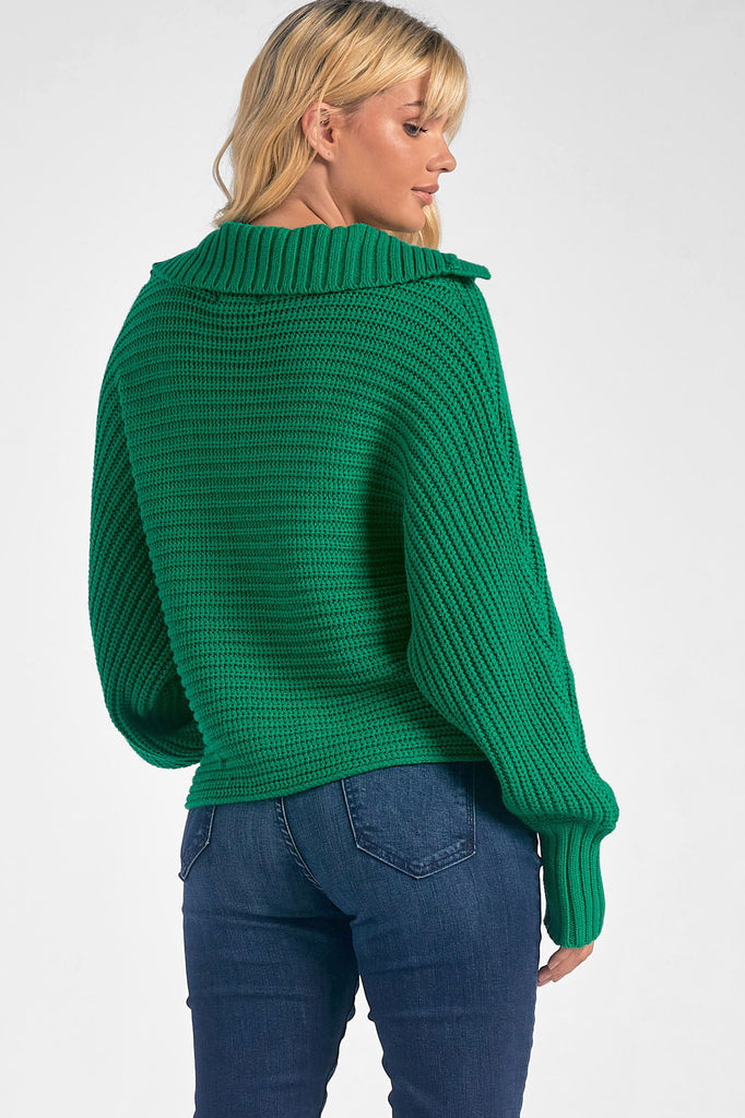 Elan Kelly Green Open V-neck Collar Sweater